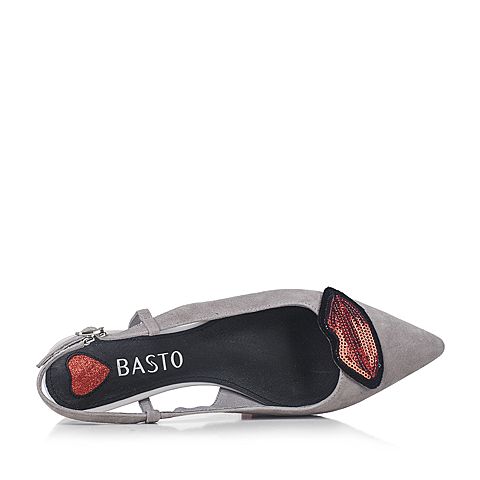 BASTO/百思图新款夏季灰色羊皮优雅尖头亮片红唇女皮凉鞋2046DBH7