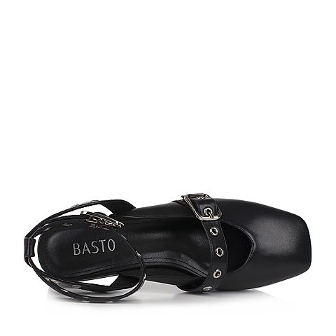 BASTO/百思图新款夏季黑色牛皮后空小V口女凉鞋LB17QBL7