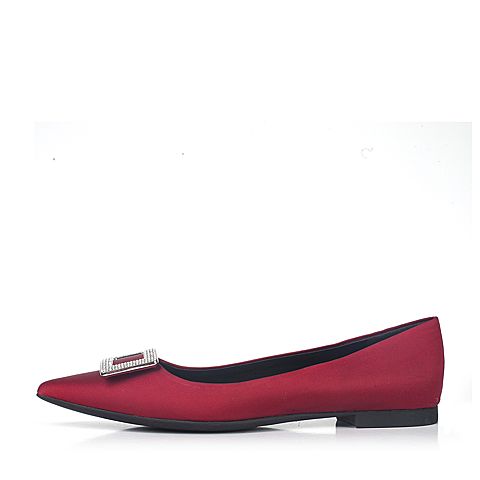 BASTO/百思图秋季红色布通勤优雅尖头水钻平跟女浅口鞋L439DCQ7