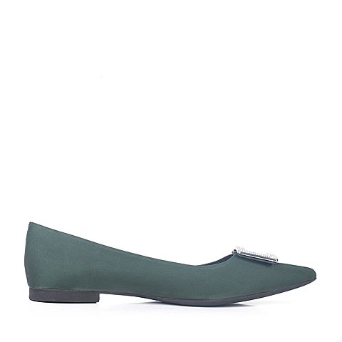 BASTO/百思图秋季绿色布通勤优雅尖头水钻平跟女浅口鞋L439DCQ7