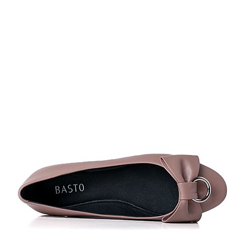BASTO/百思图秋季粉色羊皮蝴蝶结圆头平跟女单鞋00549CQ7