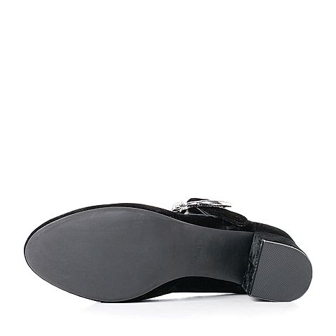 BASTO/百思图秋季新品黑色真丝绒珍珠复古粗跟女单鞋F1710CQ7