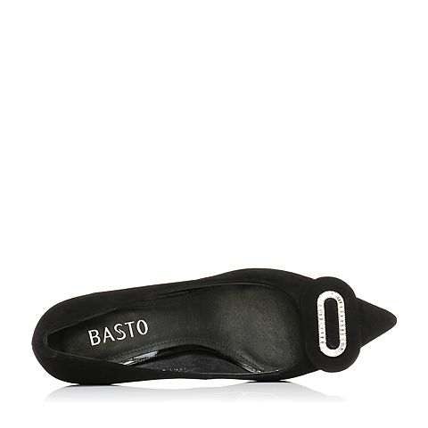 BASTO/百思图秋季黑色羊皮优雅通勤尖头浅口细高跟女单鞋96086CQ7