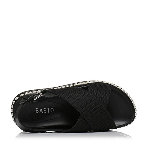 BASTO/百思图夏季专柜同款纺织物/牛皮休闲坡跟女皮凉鞋17B69BL7