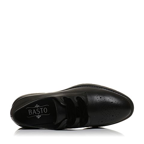 BASTO/百思图秋季专柜同款黑色软面牛皮简约休闲系带方跟女单鞋YHZ01CM7