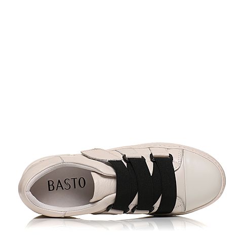 BASTO/百思图秋季专柜同款白色牛皮/织物魔术贴圆头平跟女休闲鞋17C50CM7