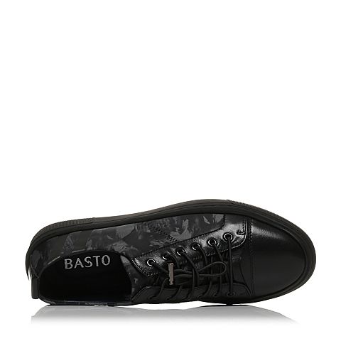 BASTO/百思图秋季专柜同款黑色印花布/软面牛皮平跟男休闲鞋BAQ39CM7