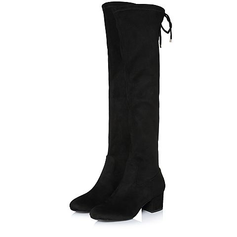 BASTO/百思图冬季专柜同款黑色弹力布简约纯色粗跟女靴超长靴TRO80DC7
