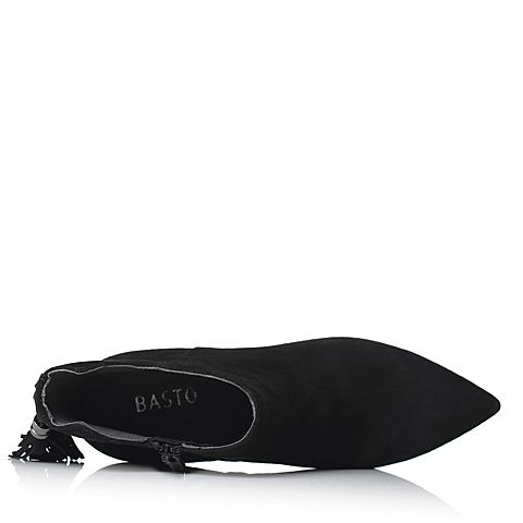BASTO/百思图冬季专柜同款黑色羊绒皮时尚尖头流苏细跟女皮靴TOY51DD7