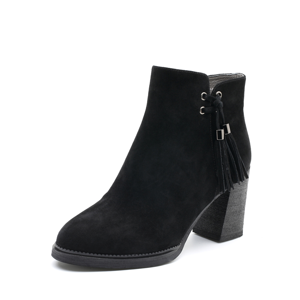 BASTO/百思图冬季专柜同款黑色羊皮流苏纯色粗跟女皮靴RAR44DD7