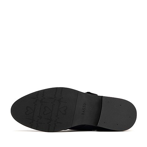 BASTO/百思图冬季专柜同款黑色牛皮简约纯色方跟女皮靴短靴RCQ40DD7