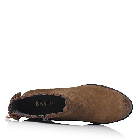 BASTO/百思图冬季专柜同款绿色二层牛皮简约蝴蝶结粗跟女皮靴RBS44DD7