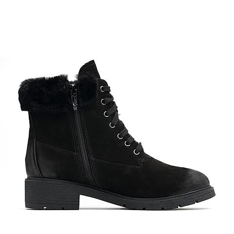 BASTO/百思图冬季专柜同款黑色牛皮/羊毛系带方跟马丁靴女皮靴RAN41DD7