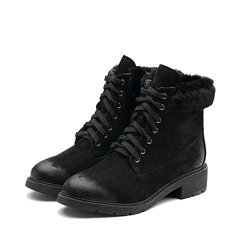 BASTO/百思图冬季专柜同款黑色牛皮/羊毛系带方跟马丁靴女皮靴RAN41DD7