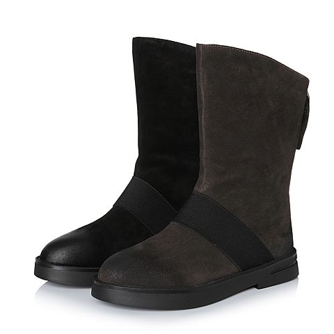 BASTO/百思图冬季专柜同款啡色二层牛皮舒适休闲方跟女皮靴中靴RAP60DZ7
