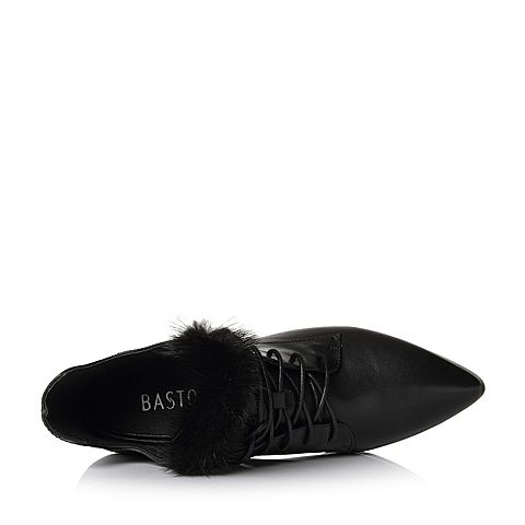 BASTO/百思图冬季专柜同款黑色牛皮/真毛简约尖头系带女皮靴短靴17D08DD7