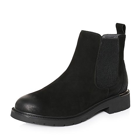 BASTO/百思图冬季专柜同款黑色牛皮帅气方跟切尔西靴女皮靴17D03DD7