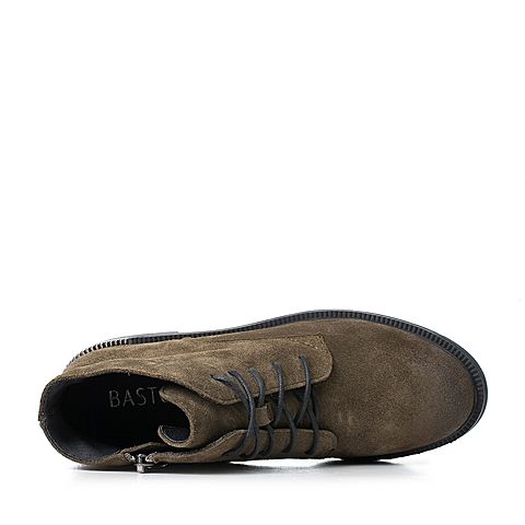 BASTO/百思图冬季专柜同款绿色牛剖层皮革系带方跟女皮靴马丁靴17D11DD7