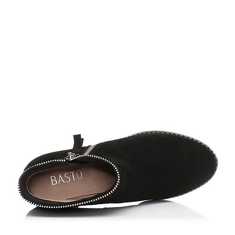 BASTO/百思图秋季专柜同款黑色牛剖层皮革侧拉链女短靴17C83CD7
