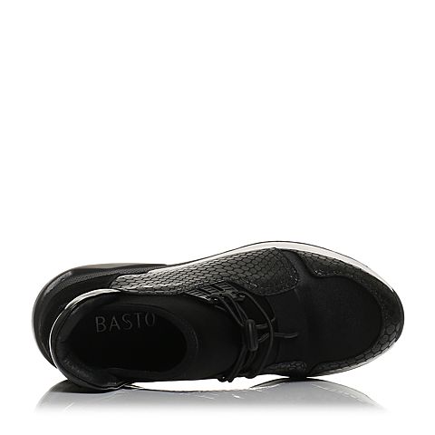 BASTO/百思图秋季专柜同款黑色纺织物/牛皮松紧带坡跟女休闲靴17C77CD7