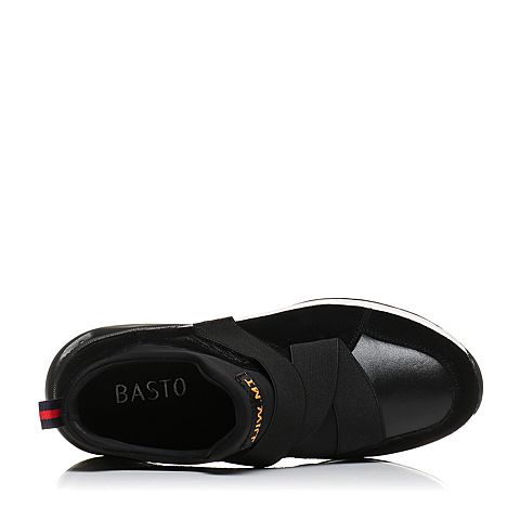 BASTO/百思图冬季黑色牛皮/织物时尚运动风魔术贴坡跟女休闲鞋2220ADD7