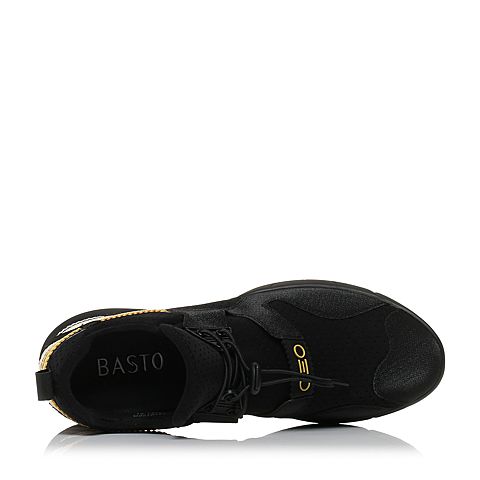 BASTO/百思图秋季新品黑色弹力布条纹松紧带时尚休闲女单鞋79126CM7