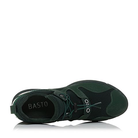 BASTO/百思图秋季新品深绿色弹力布条纹松紧带时尚休闲女单鞋79126CM7