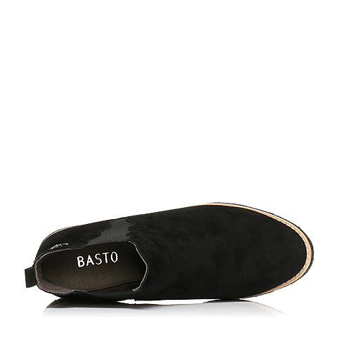BASTO/百思图冬季黑色羊绒皮时尚简约圆头方跟女皮靴短靴THW50DD7