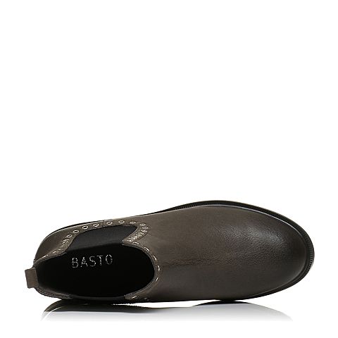 BASTO/百思图冬季青灰色牛皮时尚简约休闲圆头方跟女皮靴短靴RAI45DD7