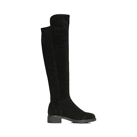 BASTO/百思图冬季黑色二层牛皮/布面休闲帅气方跟女皮靴超长靴RAI80DC7