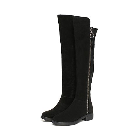 BASTO/百思图冬季黑色二层牛皮/布面休闲帅气方跟女皮靴超长靴RAI80DC7
