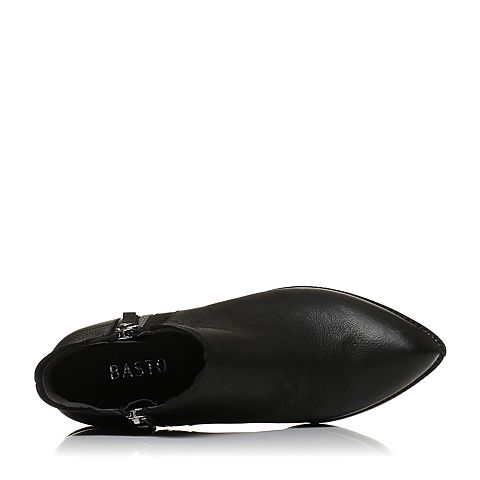 BASTO/百思图冬季黑色牛皮时尚尖头简约休闲粗跟女皮靴短靴TYU61DD7