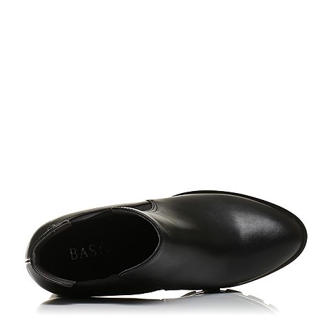BASTO/百思图冬季黑色牛皮简约纯色粗高跟女皮靴TXK43DD7