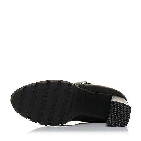 BASTO/百思图冬季黑色牛皮简约纯色粗高跟女皮靴TXK43DD7