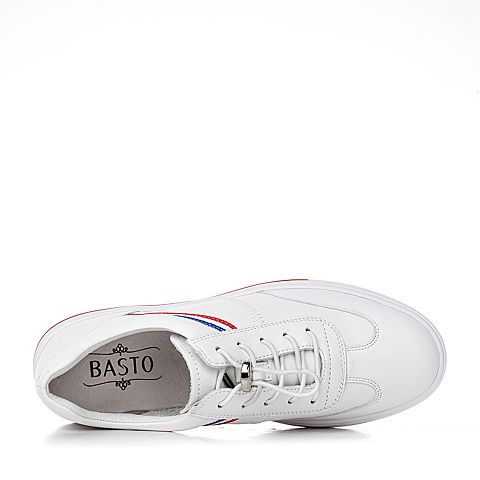 BASTO/百思图秋季专柜同款白色牛皮条纹松紧带平跟小白鞋女休闲鞋YIP11CM7