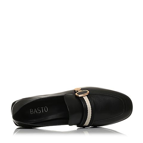 BASTO/百思图秋季专柜同款黑色牛皮/纺织品条纹休闲女皮鞋17C87CQ7