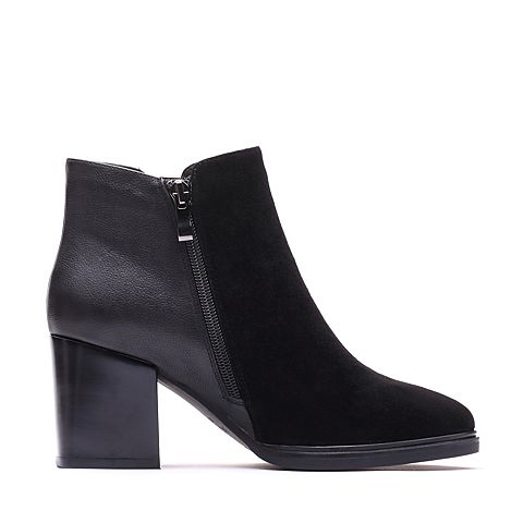 BASTO/百思图冬季专柜同款黑色羊皮/牛皮粗高跟女皮靴短靴17D33DD7