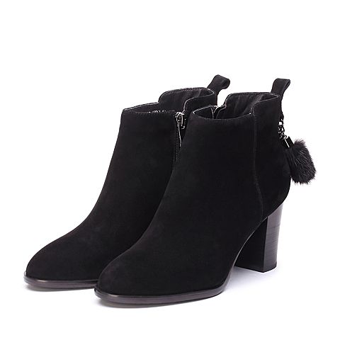 BASTO/百思图冬季专柜同款黑色羊皮毛球粗跟女皮靴短靴17D31DD7