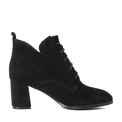 BASTO/百思图秋季专柜同款黑色羊皮系带粗高跟女皮靴17C90CD7