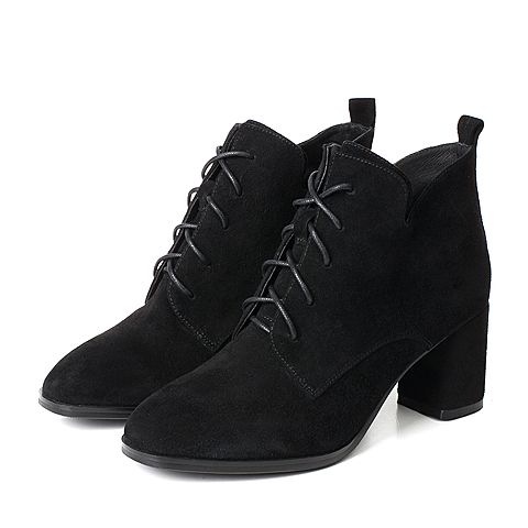 BASTO/百思图秋季专柜同款黑色羊皮系带粗高跟女皮靴17C90CD7