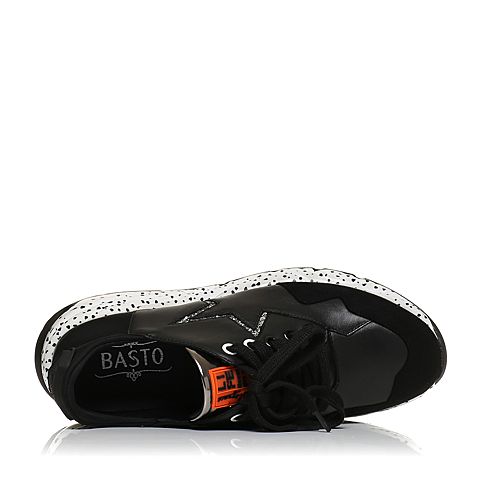 BASTO/百思图秋季黑色软面牛皮亮片休闲坡跟系带女单鞋YIF02CM7