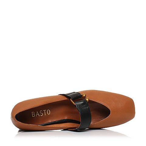 BASTO/百思图秋季专柜同款棕色牛皮方头小V口方跟女单鞋RBG21CQ7