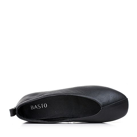 BASTO/百思图秋季黑色牛皮简约纯色浅口方跟奶奶鞋女单鞋37102CQ7