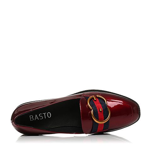 BASTO/百思图秋季酒红色漆皮牛皮时尚休闲学院风粗跟女单鞋73223CQ7