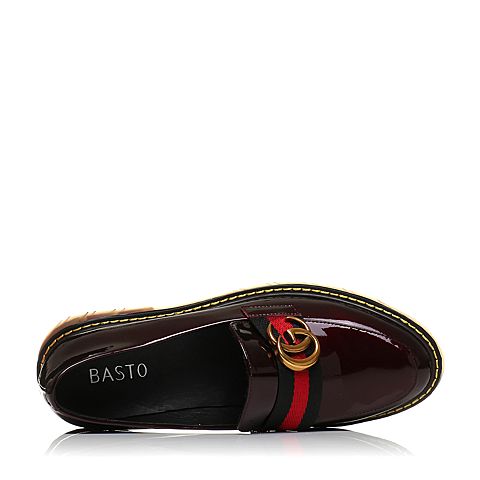 BASTO/百思图秋季酒红色牛皮学院风条纹方跟乐福鞋女单鞋73265CM7