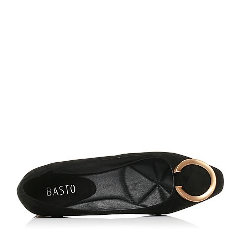 BASTO/百思图秋季黑色羊绒皮简约通勤浅口方跟女单鞋53103CQ7