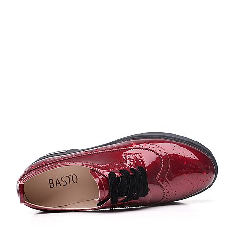 BASTO/百思图秋季酒红色PU文艺复古系带粗跟女单鞋88873CM7