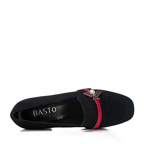 BASTO/百思图秋季黑色羊绒皮珍珠时尚方头粗高跟女单鞋96245CM7