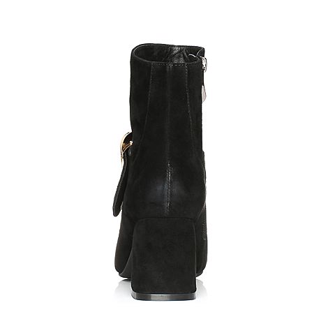 BASTO/百思图冬季黑色羊皮时尚简约金属扣侧拉链粗跟女皮靴75511DZ7