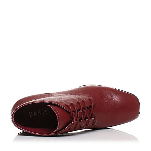 BASTO/百思图冬季酒红色牛皮简约休闲方头系带粗跟女短靴0371DDD7